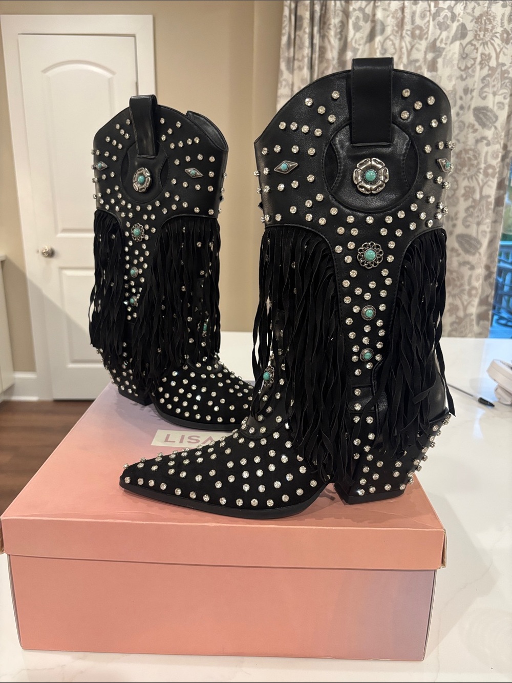 Fringed Black Studded Western Heeled Boots with Turquoise Accents Greyson Boot